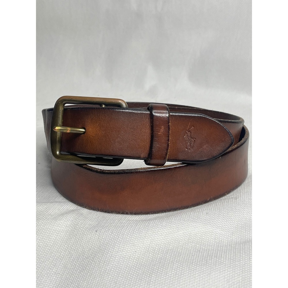 Polo Ralph Lauren Horse Logo Italian Leather Belt Mens Size 34 Deep Brown Bronze